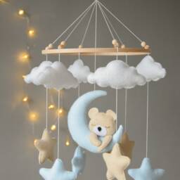 Baby Mobile With Sleeping/Hanging Bear, Clouds & Stars Mobile, Bear Nursery Bear Felt Hanging Animals - thumbnail 2