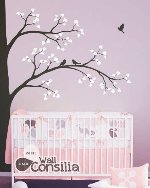 "Large Tree Wall Decal Nursery Corner Decor, Birds & Leaves - 93"" X 67" - image 1