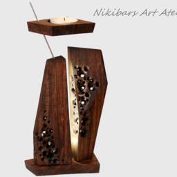 Zen Art Night Light, Walnut Wood Candle Holder, Handmade Table Lamp - thumbnail 2
