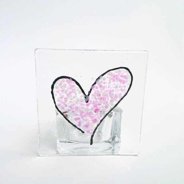 Pink Heart Fused Glass Candle Holder
