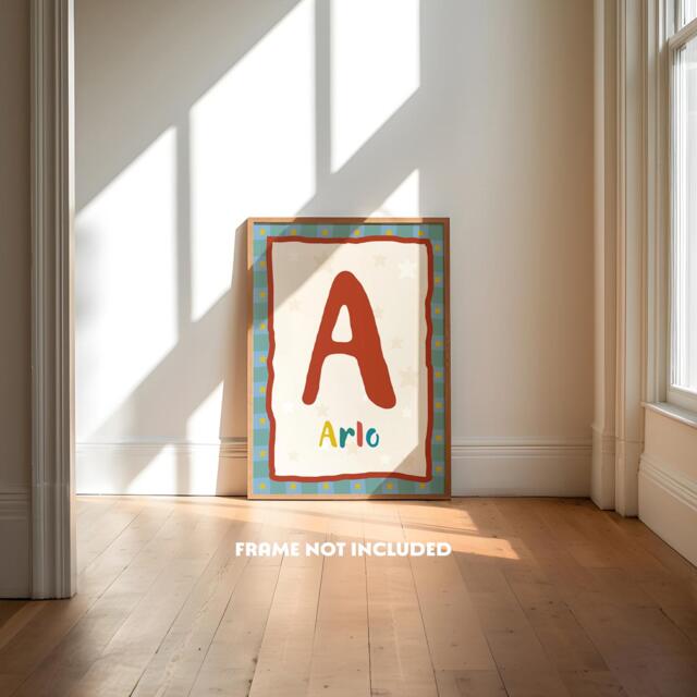 Personalised Name Print, Boys Bedroom, Cool Kids Initial Retro Nursery, Toddler Wall Art, Colourful Decor, Red Blue - image 1