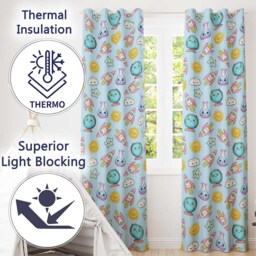 Cute Kawaii Space Rocket Globe Sun Star Blue Seamless Pattern Readymade Eyelet Ring Top Thermal 100% Blackout Curtains - thumbnail 3