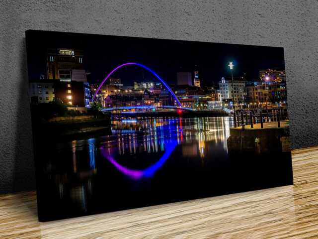 Newcastle, Bridge , Night Time, Reflections, Lights Sunset , United Kingdom Home D??cor, Mounted Canvas Wall Art Print Ready To Hang - image 1