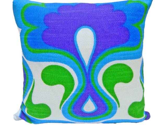 Retro Pillow Case Peacock Palace, Blue Purple Green Cushion Cover, 60S 70S Vintage Fabric, Mid-Century Flower Power Pop Art - image 1