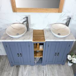 Bathroom Vanity Unit - Sink Washstand Slimline Grey Painted With White Marble Worktop & Sit On Basins Taps Plugs Included - thumbnail 2