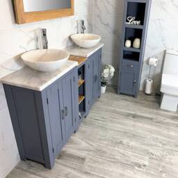 Bathroom Vanity Unit - Sink Washstand Slimline Grey Painted With White Marble Worktop & Sit On Basins Taps Plugs Included - thumbnail 3