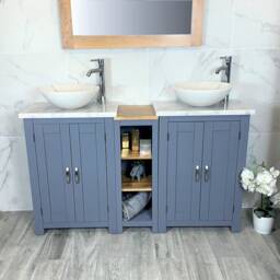 Bathroom Vanity Unit - Sink Washstand Slimline Grey Painted With White Marble Worktop & Sit On Basins Taps Plugs Included