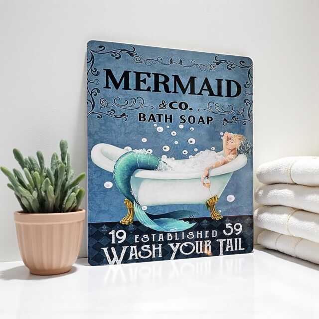Mermaid Wash Your Tail Retro Bathroom Metal Wall Sign Plaque Decor Art Gift - image 1
