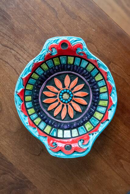 Hand-Carved Ceramic Trinket Dish, Suzani Flower Mosaic Art Bowl, - Made To Order - image 1