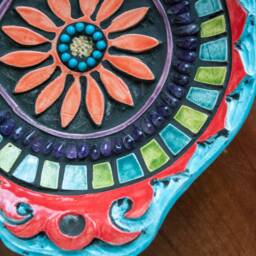 Hand-Carved Ceramic Trinket Dish, Suzani Flower Mosaic Art Bowl, - Made To Order - thumbnail 2