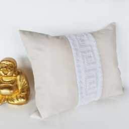 Color Block Design Vertical White Hand-Woven Piece & Cream Arizona Faux Leather Pillow Cover-1Qty - thumbnail 3