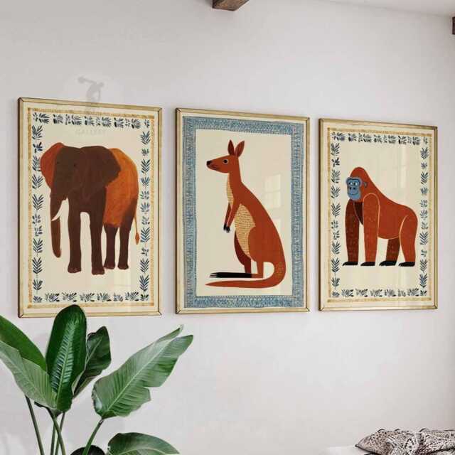 Set Of 3 Jungle Animal Posters, Elephant Kangaroo & Gorilla Prints, Safari Wall Art, Kids Room Decor, Nursery Poster - image 1