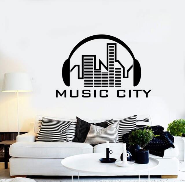 Wall Vinyl Music Headphones City Urban Song Guaranteed Quality Decal Mural Art 1575Dz - image 1