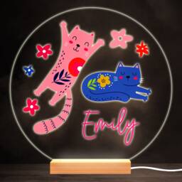 Cat Girl Pink Purple Colourful Round Personalised Gift Led Lamp Night Light - Bedroom