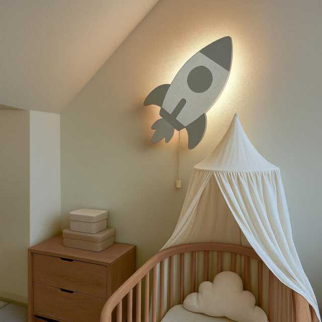 Rocket Ship Led Wall Light For Nursery, Personalized Space Night Light, Astronaut Kids Room Decor, Custom Wooden Lamp, Toddler Boy Gift - image 1