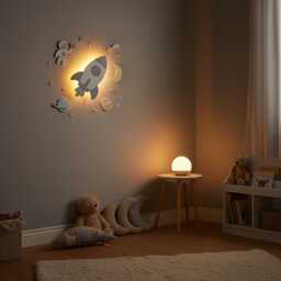 Rocket Ship Led Wall Light For Nursery, Personalized Space Night Light, Astronaut Kids Room Decor, Custom Wooden Lamp, Toddler Boy Gift - thumbnail 3