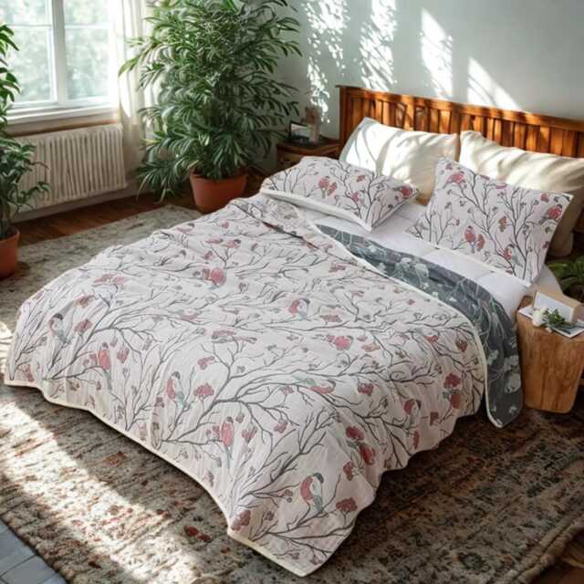 Reversible Bird Print Cotton Throw Blanket Lightweight Gauze Bedspread - image 1