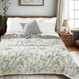 Reversible Bird Print Cotton Throw Blanket Lightweight Gauze Bedspread - thumbnail 2