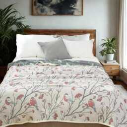 Reversible Bird Print Cotton Throw Blanket Lightweight Gauze Bedspread - thumbnail 3