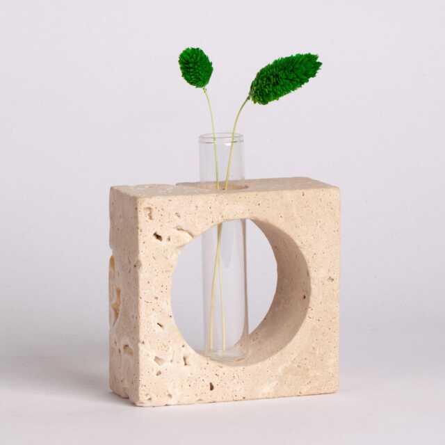 Handmade Beige Travertine Planter With Glass Tube - 4x9.5x9.5cm - image 1