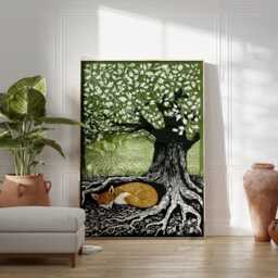 Green Woodland Fox Poster - Vintage Forest Animal Wall Art Sleeping Nature Illustration - thumbnail 3