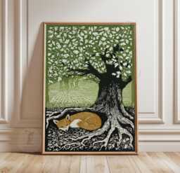 Green Woodland Fox Poster - Vintage Forest Animal Wall Art Sleeping Nature Illustration - thumbnail 1