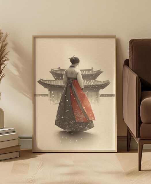 Korean Ink Wash Hanbok Woman Art Print Winter Temple Snow Scene - image 1