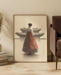 Korean Ink Wash Hanbok Woman Art Print Winter Temple Snow Scene - thumbnail 1