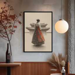 Korean Ink Wash Hanbok Woman Art Print Winter Temple Snow Scene - thumbnail 3