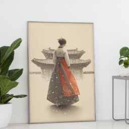 Korean Ink Wash Hanbok Woman Art Print Winter Temple Snow Scene - thumbnail 2