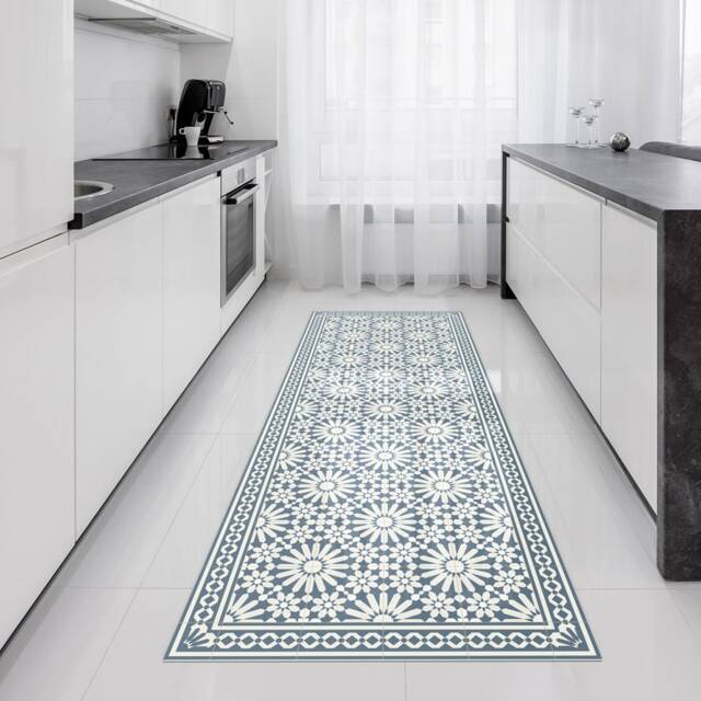 Vinyl Runner Rug Or Hallway With Moroccan Tiles Design in Blue & Beige. Linoleum Style Zellige Tiles. Art Mat - image 1