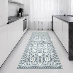 Vinyl Runner Rug Or Hallway With Moroccan Tiles Design in Blue & Beige. Linoleum Style Zellige Tiles. Art Mat - thumbnail 1
