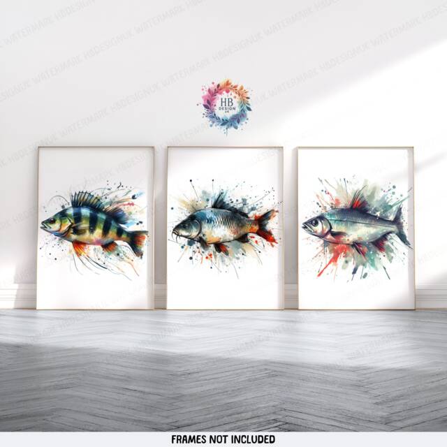 British Fishing Wall Art - Set Of 3 Fish Prints - Gifts For Men Watercolour Angler Illustration Angling Gift - image 1