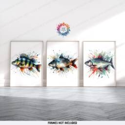 British Fishing Wall Art - Set Of 3 Fish Prints - Gifts For Men Watercolour Angler Illustration Angling Gift - thumbnail 1