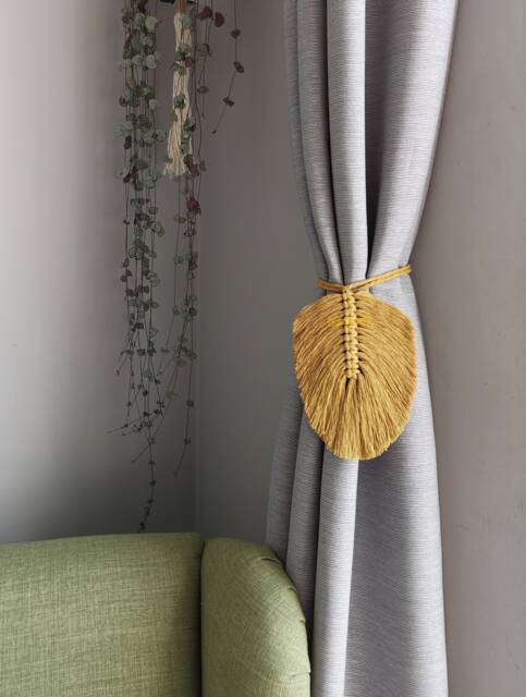 Macrame Curtain Holder Minimalist Feather Leaf, Handmade Curtain Holder, Wrap Around Modern Window Treatment, Macrame Home Decor - image 1