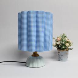 Handmade Light Blue Gingham Fabric Ceramic Table Lamp