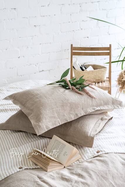 Linen Pillowcases With Flanges Set Of 2 - Stonewashed Pillow Covers Oxford Style Sham Cushion Cases - image 1