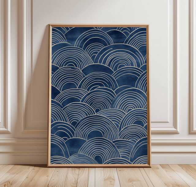 Vintage Japanese Blue Wave Pattern Poster, Modern Geometric Wall Art, Abstract Retro Mid-Century Style Print, Bold Home Decor - image 1