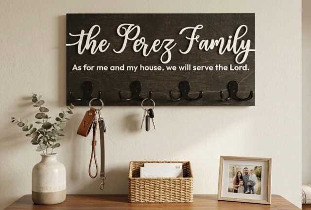 Personalized Family Name Key Holder, Birch Plywood Entryway Organizer - image 1