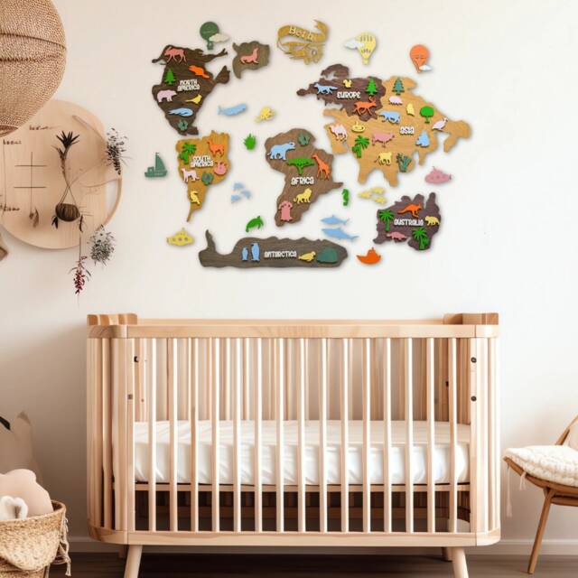 Wall Map- Safari Nursery Decor- Map Art- Wooden - Kids Bedroom World Animal - image 1