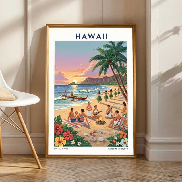 Vintage Hawaiian Beach Scene Art Print Tropical Travel Poster - image 1