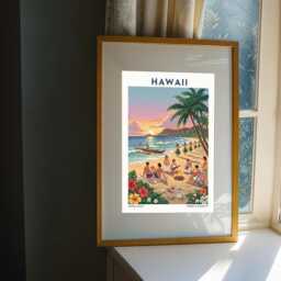 Vintage Hawaiian Beach Scene Art Print Tropical Travel Poster - thumbnail 3