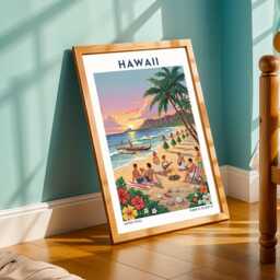 Vintage Hawaiian Beach Scene Art Print Tropical Travel Poster - thumbnail 2