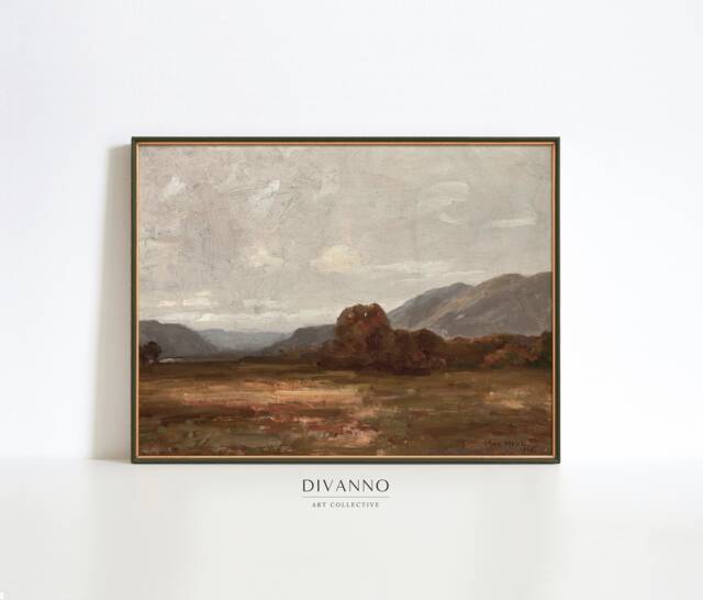 Moody Fall Landscape Painting Print, Warm Tone Autumn Wall Decor, Rustic Farmhouse Art, Country Cottage Printable Poster - image 1