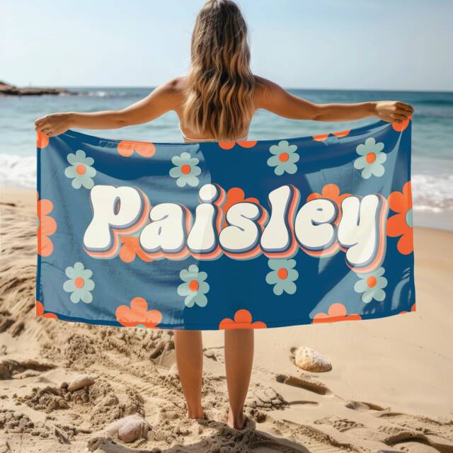Daisy Name Beach Towel, Retro Oversized Personalized Monogram Pool Signature Towel For Kids, Vacation Gift, Picnic - image 1