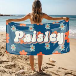 Daisy Name Beach Towel, Retro Oversized Personalized Monogram Pool Signature Towel For Kids, Vacation Gift, Picnic - thumbnail 1