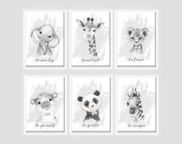 Choose Your Own Safari Elephant Giraffe Lion Boys Girls A4 Or A3 Nursery Set Unframed Prints Grey Black White Stars & Bow Ties - image 1