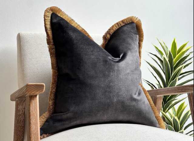 Luxury Charcoal Velvet Fringed Cushion Cover - Gray Black Throw Pillow - image 1