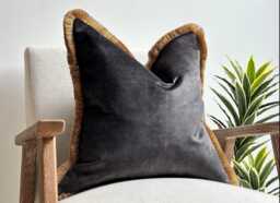 Luxury Charcoal Velvet Fringed Cushion Cover - Gray Black Throw Pillow - thumbnail 1