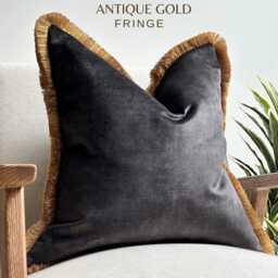 Luxury Charcoal Velvet Fringed Cushion Cover - Gray Black Throw Pillow - thumbnail 2